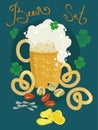 Glass of cold foamy beer with snacks illustration