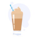 Glass of cold frappe with a straw. Ice coffe drink for summer.