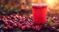 Glass of cold fresh healthy cranberry juice in cranberry harvest plantation field background.Macro.AI Generative Royalty Free Stock Photo