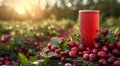 Glass of cold fresh healthy cranberry juice in cranberry harvest plantation field background.Macro.AI Generative Royalty Free Stock Photo