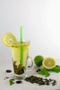 Glass of cold green tea with lemon and lime on a white background Royalty Free Stock Photo