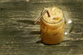 Glass of cold iced coffee on old wood.