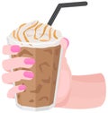 Refreshing drink, take away ice latte. Woman hand holding cup of aromatic coffee with whipped cream