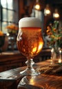 Glass of cold light beer with ears of ripe barley and wheat on the wooden bar counter in pub Royalty Free Stock Photo