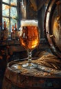 Glass of cold light beer with foam and water drops on the wooden barrel in the cellar. Craft brewery. Royalty Free Stock Photo