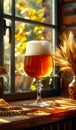 Glass of cold light beer with foam on the windowsill in the bar Royalty Free Stock Photo