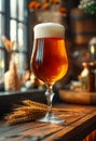 Glass of cold light beer with foam on the wooden bar counter in pub Royalty Free Stock Photo