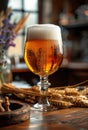 Glass of cold light beer with foam on the wooden bar counter in pub Royalty Free Stock Photo
