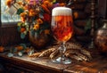 Glass of cold light beer with foam on the wooden table in vintage pub Royalty Free Stock Photo