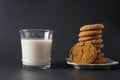 A glass of cold milk next to a stack of gingerbread cookies on a white plate with a black background