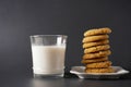 A glass of cold milk sits next to a stack of gingerbread cookies on a white plate; copy space