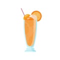Glass of cold milkshake decorated with ice cream and orange slices. Summer refreshing fruit cocktail with straw. Flat Royalty Free Stock Photo