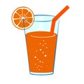 Glass cold of orange juice with orange slice and a straw. Vector illustration Icon of fresh tropical juice. Royalty Free Stock Photo