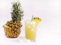 Glass of Cold Pineapple Juice on White Background Summer Detox Diet Concept Summer Cold Drink Copy Space Toned