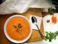 Plate Of Hot Lentil Soup with white background, wood, cumin, spoon, napkin and parsley.