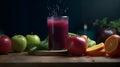 A glass of cold pressed juice with a variety of fruits an one generative AI