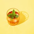 A glass of cold red drink with ice, mint and hers shadows in the sun. Yellow background Royalty Free Stock Photo