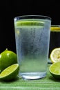 Glass with cold sparkling mineral water with fresh lime Royalty Free Stock Photo