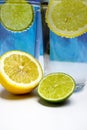 Glass with cold sparkling mineral water, lime and lemon Royalty Free Stock Photo