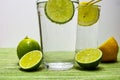 Glass with cold sparkling mineral water, lime and lemon Royalty Free Stock Photo