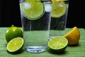 Glass with cold sparkling mineral water, lime and lemon Royalty Free Stock Photo