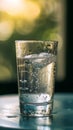Glass of cold sparkling water with ice cubes on reflective surface Royalty Free Stock Photo
