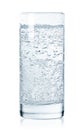 Glass of cold sparkling water on white background