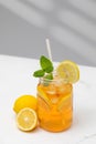 A glass of cold tea, ice cubes, lemon slices and a sprig of mint. Cooling summer drinks. Royalty Free Stock Photo