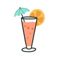 Glass of cold tropical beach cocktail with straw, umbrella and citrus slice. Summer refreshing drink with fruit