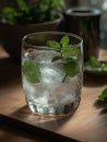 Glass of cold water with fresh mint leaves and ice cubes on blurred background. Royalty Free Stock Photo