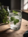 Glass of cold water with fresh mint leaves and ice cubes on blurred background. Royalty Free Stock Photo