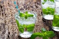 Glass of cold water with fresh mint leaves and ice cubes on old wooden background Royalty Free Stock Photo