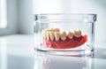 A glass container holding a set of artificial teeth with pink gum base on a Royalty Free Stock Photo