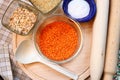 Glass container with lentils. Kitchen utensils