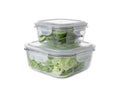 Glass containers with fresh cabbage and cucumbers isolated on white Royalty Free Stock Photo