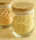 Glass containers with rice and peas Royalty Free Stock Photo