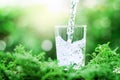 A glass of cool fresh water on natural green background