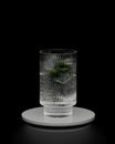 Glass with cool water with ice and mint leaves on black background, 3d render Royalty Free Stock Photo