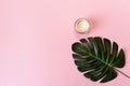 Glass cosmetic jar and tropical monstera leaf over pink background. Top view. Flat lay. Cosmetics, skin care, beauty, body