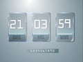 Glass Counter Timer. Banner start end dates for discounts and promotions. Vector template. Glass transparent plates with glow and