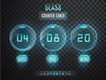 Glass Counter Timer. Transparent vector countdown timer on transparent background. Neon glow on a dark background. Countd