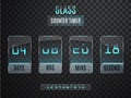 Glass Counter Timer. Transparent vector countdown timer isolated on transparent background. Neon glow on a dark background.