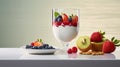 a glass of creamy yogurt placed beside an artfully arranged selection of fresh fruits. The setting exude modern