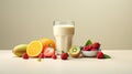 a glass of creamy yogurt placed beside an artfully arranged selection of fresh fruits. The setting exude modern