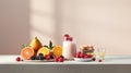a glass of creamy yogurt placed beside an artfully arranged selection of fresh fruits. The setting exude modern