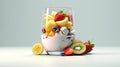 a glass of creamy yogurt placed beside an artfully arranged selection of fresh fruits. The setting exude modern