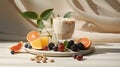 a glass of creamy yogurt placed beside an artfully arranged selection of fresh fruits. The setting exude modern