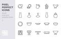 Glass crockery line icon set. Tableware - plate, jug, dish, ashtray, salad bowl, decanter, wineglass minimal vector