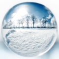 Glass or crystal ball with a cold winter landscape reflection with snow and trees Royalty Free Stock Photo