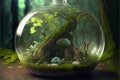 Beautiful terrarium with plants, tress and flowers inside